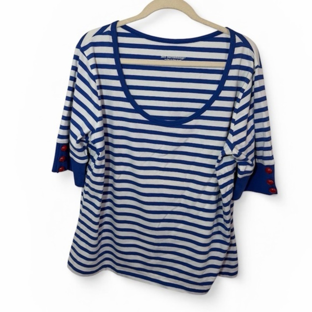 Soft Surroundings Blue and White Striped Tee Boat Neck Red Details Boat Neck